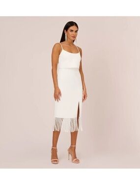 Adrianna Papell NEW White Stretch Crepe Popover Midi Dress With Fringe Hem